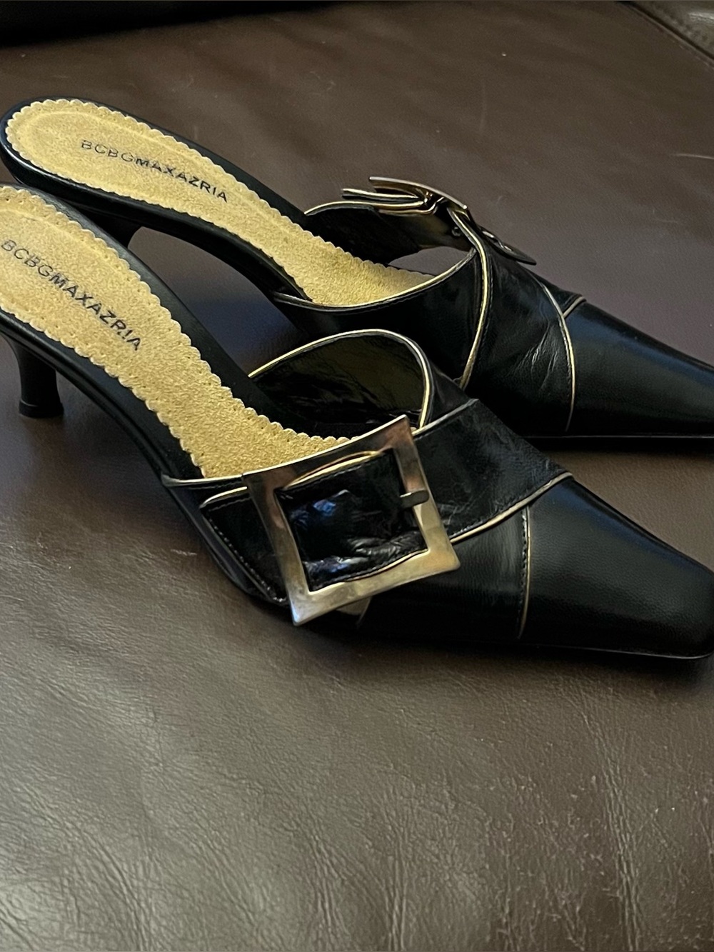 BCBGMAXAZRIA Black Leather Gold Trim Buckle Leather Pointed Mule Heels.